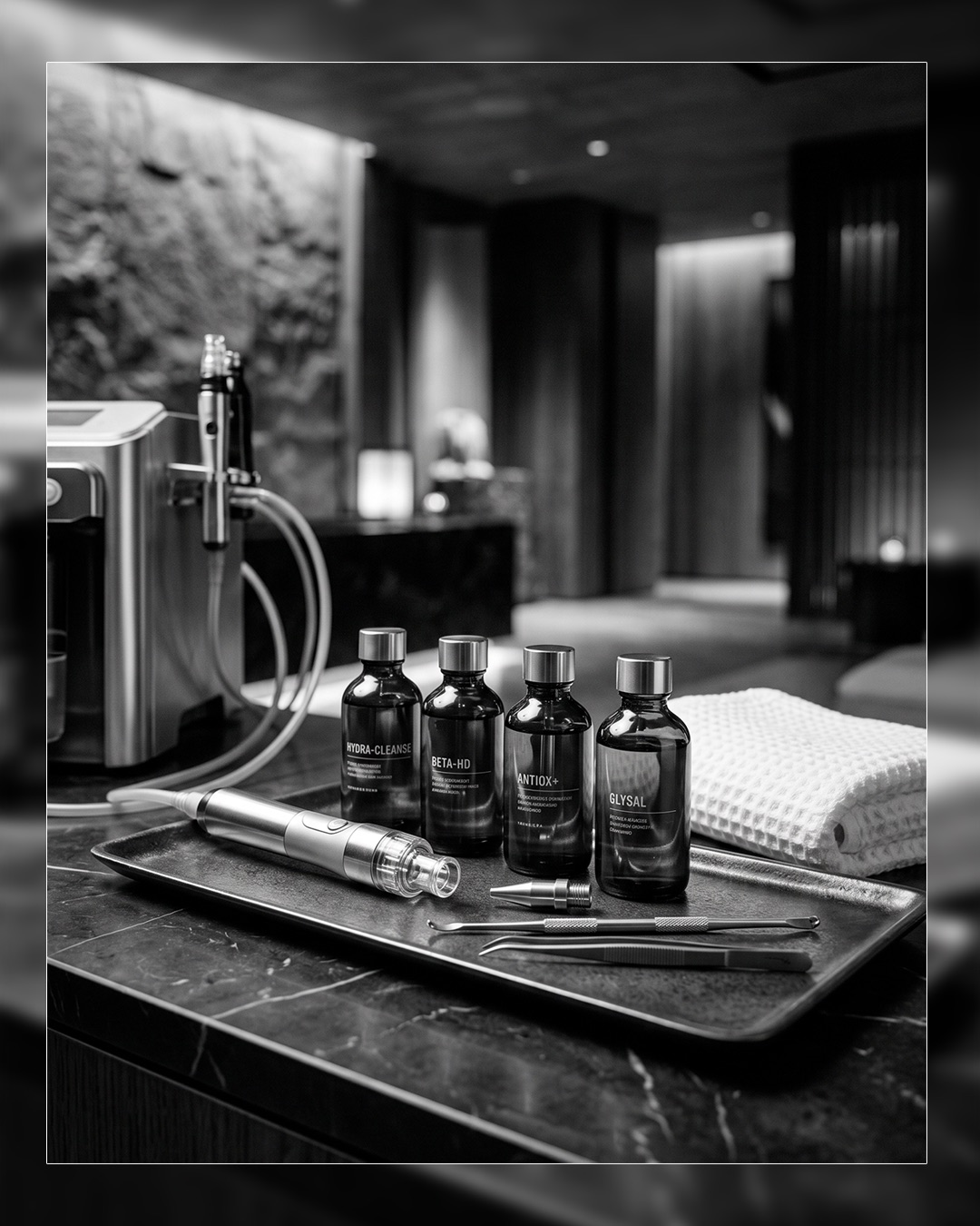 Hydrafacial treatment tools and skincare products at HK Salon For Men
