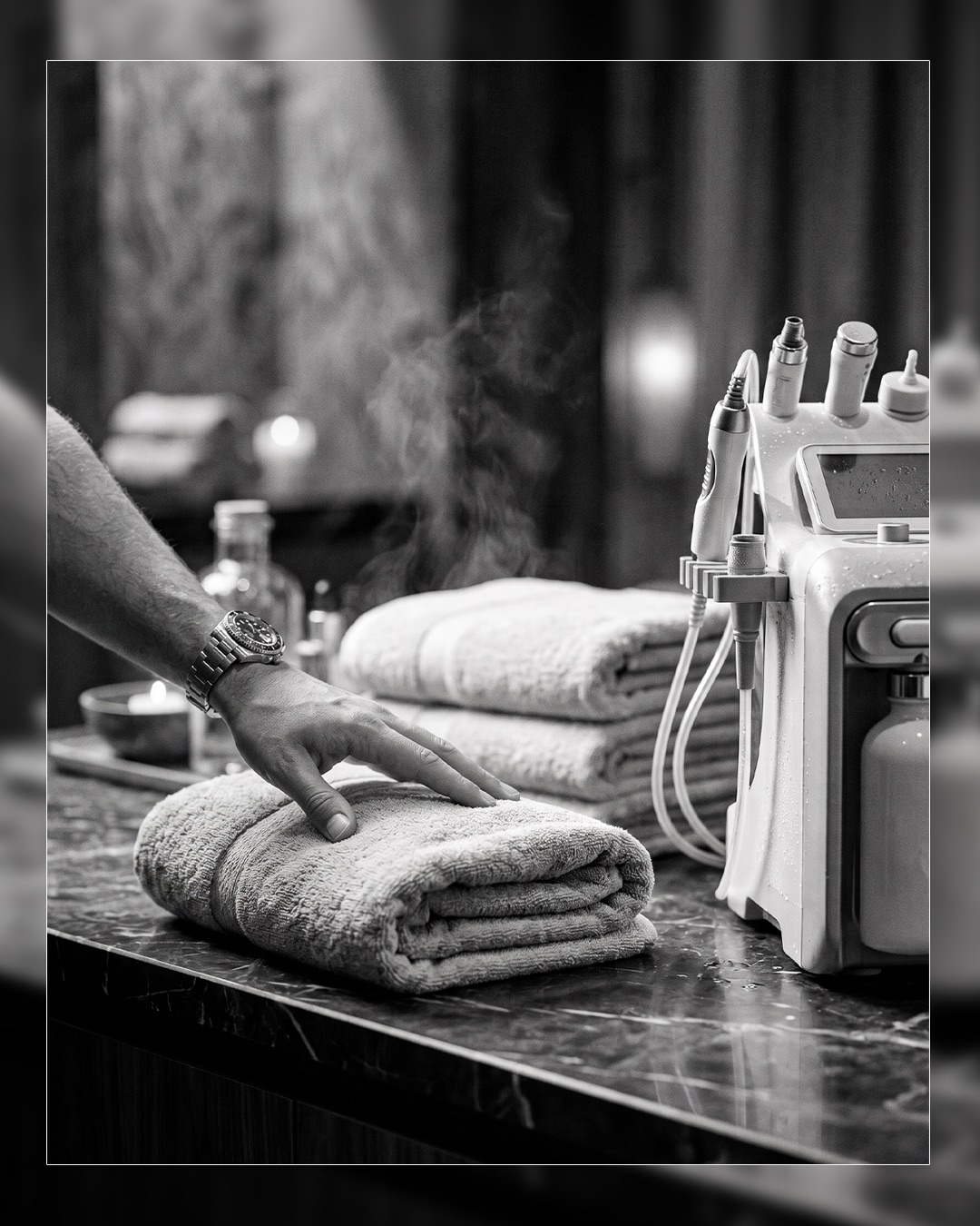 Hydrafacial device and towels prepared for treatment at HK Salon For Men